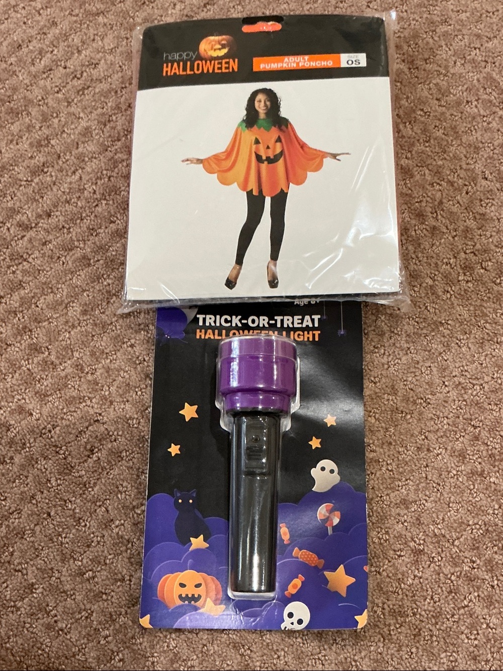 Pumpkin Poncho Costume Top + Purple Halloween Trick-or-Treat Light